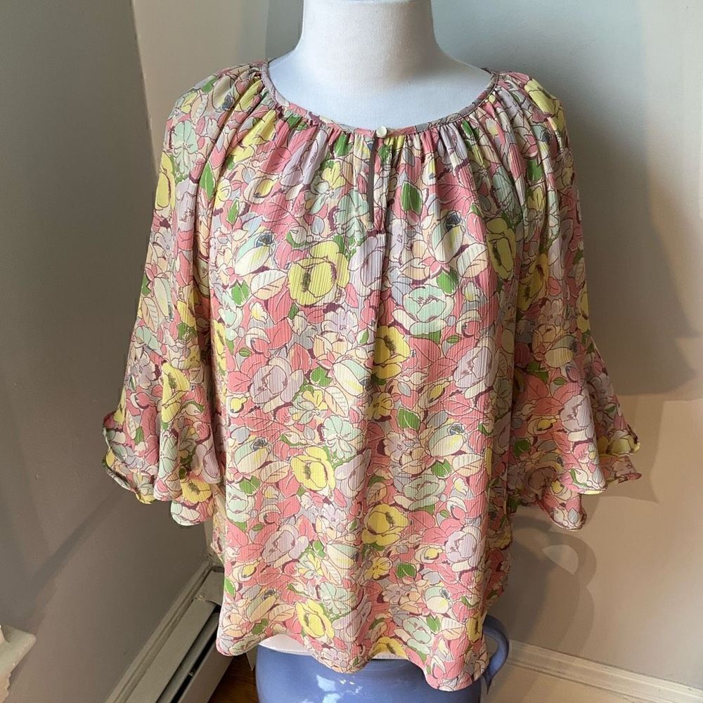 CHAPS Ralph Lauren NWT Gauzy Floral Poet Blouse w Ruffle Tiered Bell Sleeves, M